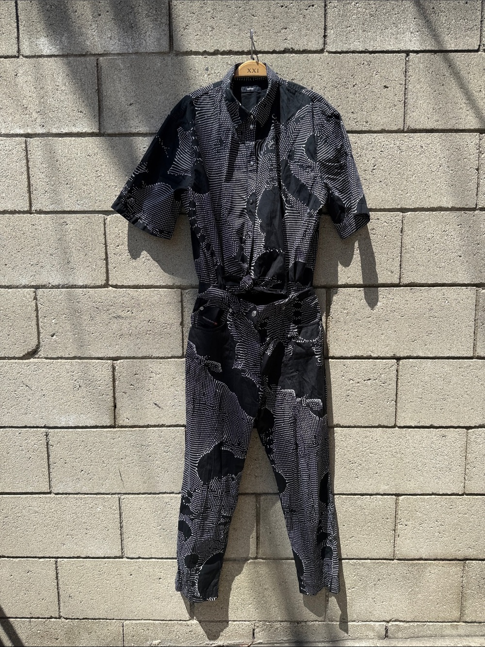Black Graphic Short-Sleeve Button Up Pant Jumpsuit